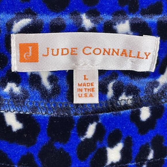Jude Connally Velour Mini Dress L – Blue Black Animal Print Flounce Hem Velvet - Picture 5 of 6
